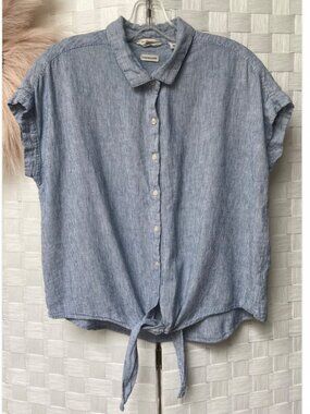 Weatherproof Washable Linen Blue White Striped Front Tie Shirt Size M